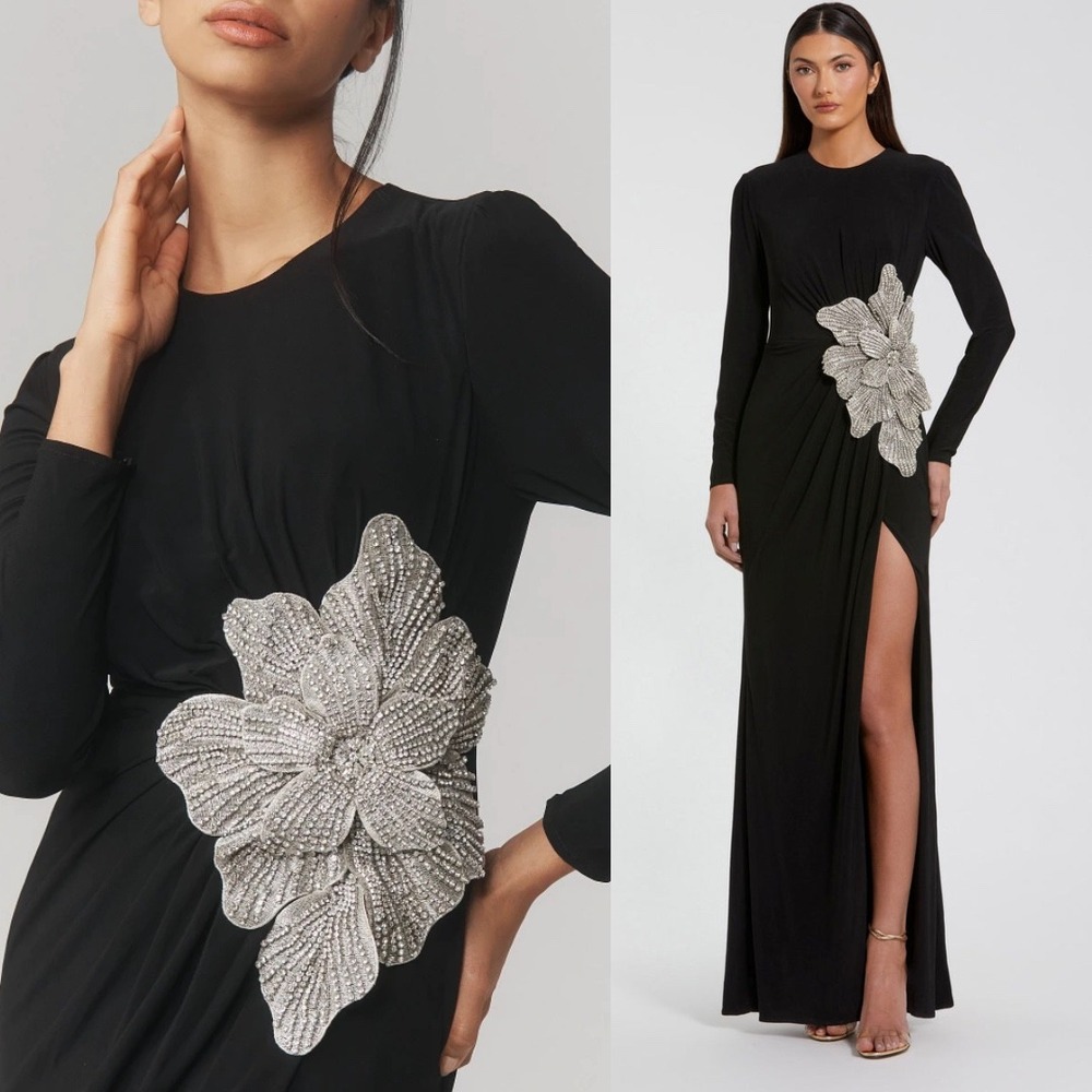 Mac Duggal NEW Black Jersey Long‎ Sleeve Gown With Embellished Flower $698 Sz 10